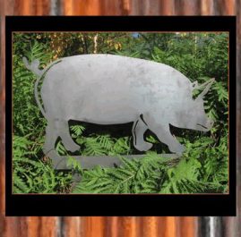 Pig on spike. $40. This Garden ornament is approximately 350 x 450mm and made out of 2mm mild steel in Raw or rust finish. Also available in Black Metal Guard paint finish $55