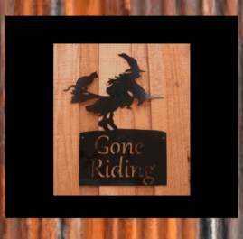 Witch gone riding. This wall plaque is made from 2mm mild steel and painted with black Metal Guard paint. $55